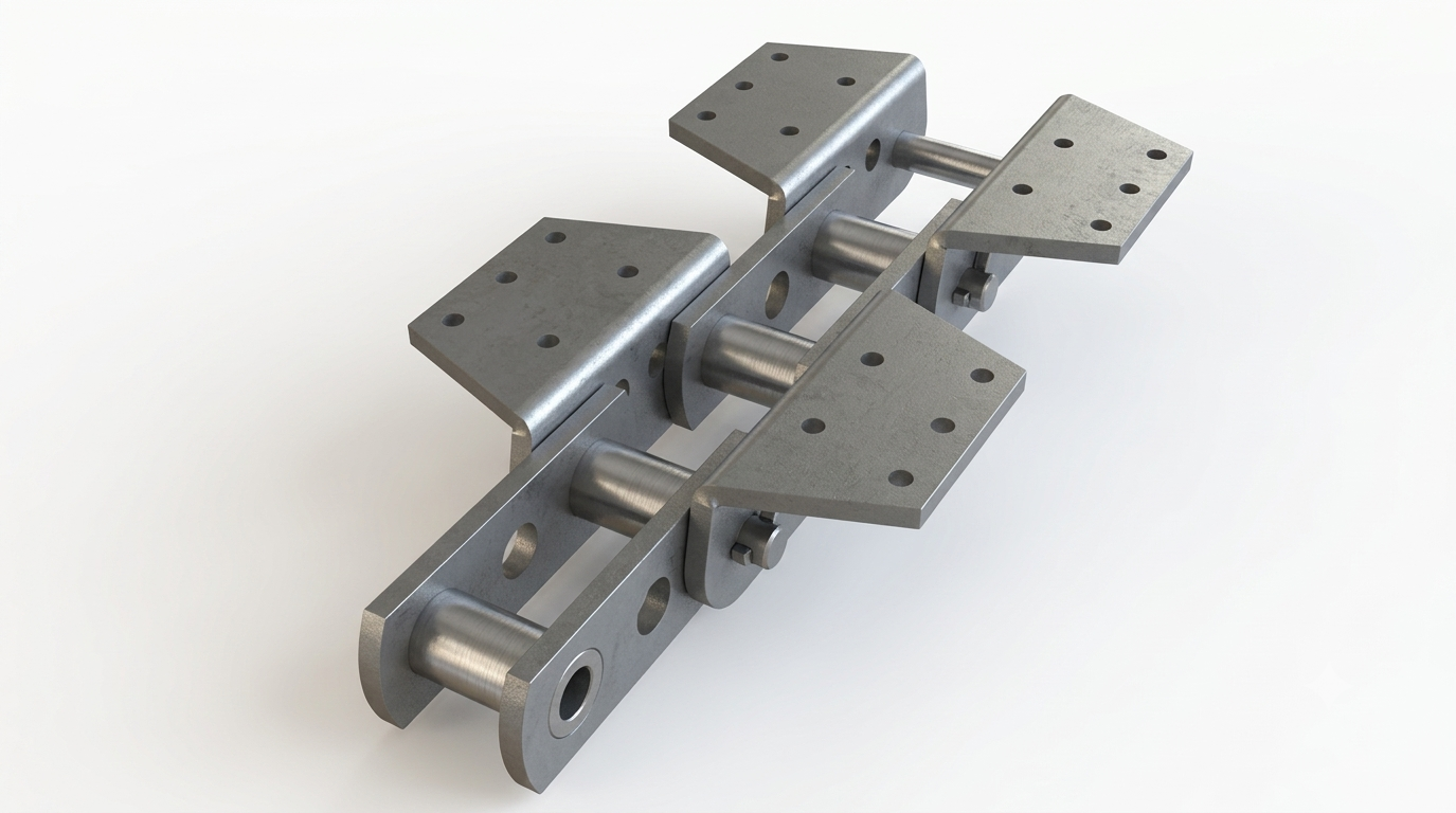 Bucket elevator chain assembly with attached buckets in a factory bay