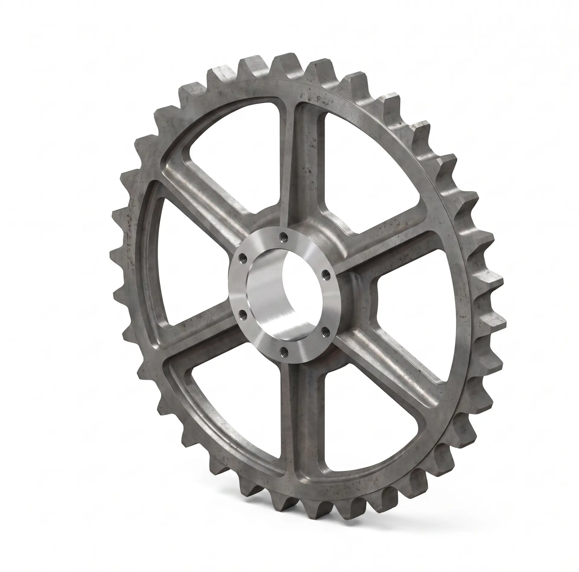 Steel sprocket wheel with precision teeth on a light background